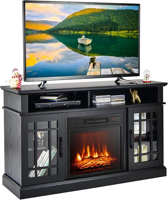 GOFLAME Fireplace TV Stand for TV up to 55 Inches, Freestanding Wood Entertainment Center with 18 Electric Fireplace, 48" TV Console Table with 2 Open Storage Compartments and 2-Door Cabinet, Black