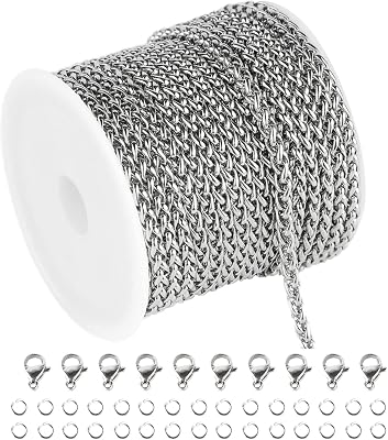 16.4 Feet Stainless Steel Wheat Chains for Jewelry Making Silver Twisted Cable Keel Chain Roll with Jump Rings Lobster Clasps Necklace Bracelet DIY Jewelry Making Supplies