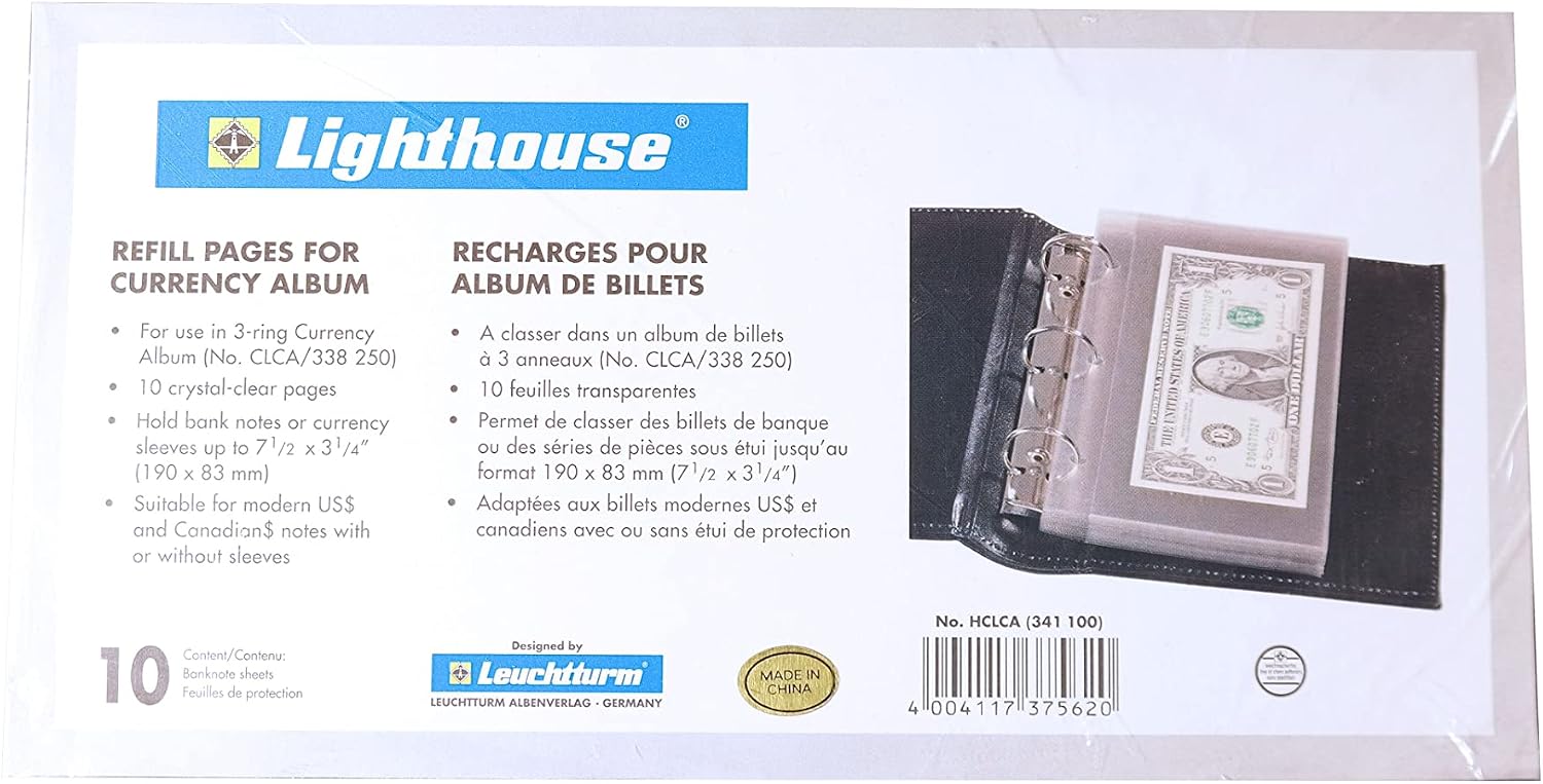 Lighthouse Individual Pocket Currency Album Refill Pages for 3-Ring Binder Pack of 10