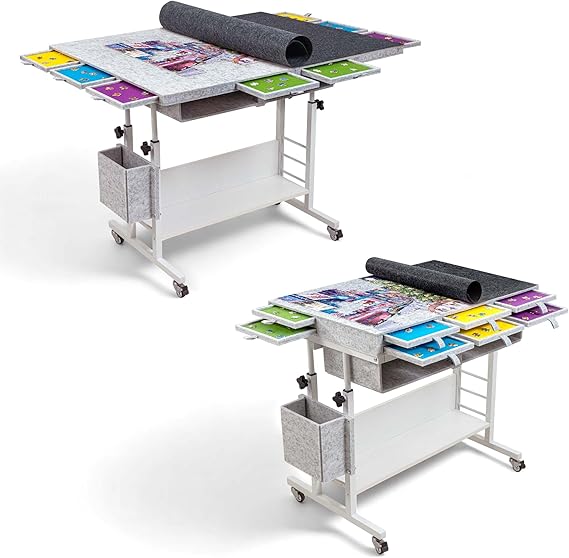 Tektalk 2000 Piece Foldable Felt Jigsaw Puzzle Table with Height Adjustment, Puzzle Board for Adults with 2 Cover & 8 Sorting Trays/Drawers, Easel with Legs, Enclosed with 4 Roller Wheels - Light Gray
