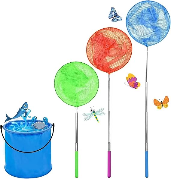 3 Pack Kids Fishing Net,3 Colours Mesh Net Extendable Butterfly Net | Telescopic Catching Net for Catching Crabbing Bugs Insects Bird Playing Beach Ponds Pool Outdoor