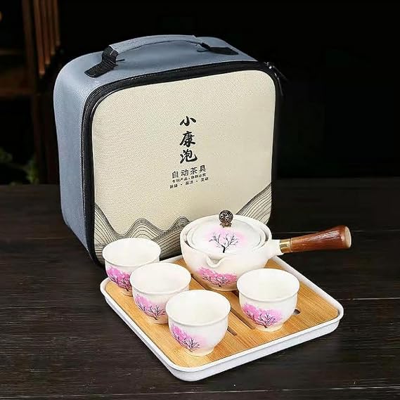 Ceramic Portable Travel Tea Set, Chinese Kungfu Tea Set with 360 Rotation Teapot and Infuser, 4 Tea Cups, Tea Tray and Travel Bag (Cherry Blossom)