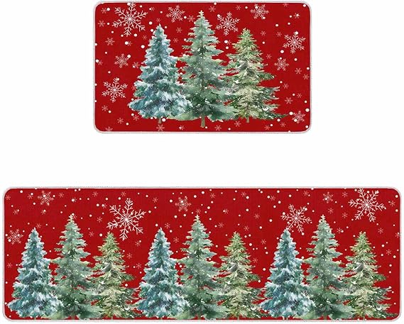 Christmas Tree Red Kitchen Mat Set 2 Pcs, White Snowflake Non Slip Kitchen Rugs and Mats, Green Winter Forest Washable Kitchen Runner Rug Sets for Winter New Year Xmas Party, 15.7x23.6+15.7x47.2