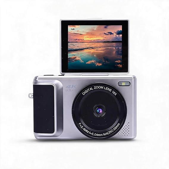 4K Digital Camera Photography 3 180° Flip Screen 16x Zoom Digital Zoom Point Shooting Camara Compact Vlog Travel Camara for Beginners Silver