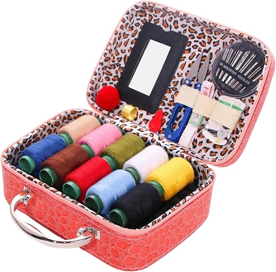 Portable Sewing Kit in Faux Leather Case,Complete DIY Handcraft Set with Needles, Threads & Accessories,Sewing Set for Adults & Travel,Mini Sewing Kit. (Pink)