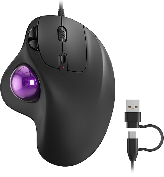 Nulea M509 Wired Trackball Mouse Ergonomic Thumb Control Type C USB-Purple | Smooth tracking mouse with Type C & USB connection,5 DPI levels,6 buttons,compatible with PC Mac Windows