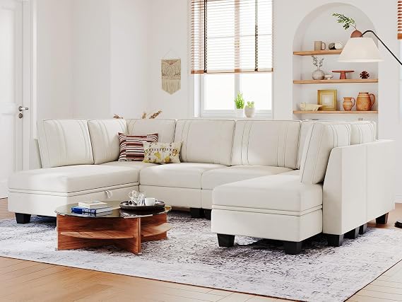 Belffin U-Shaped Sectional Couch with Storage Ottoman - Convertible, Beige