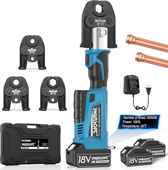 SWANSOFT 18V 22kN Electric Pro Press Tool for VUS 1/2" 3/4" 1" Copper Pipe | 22kN VUS 1/2" 3/4" 1" Compact Copper Pipe Press Tool | Precise Crimp, Zero Leak, Fast Press, Dual 18V 4Ah Batteries,Endurance