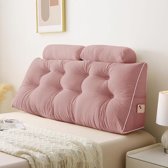 Sasttie Headboard Pillow Full, Wedge Pillow Headboard for Bed Sitting Up, Back Support Pillows for Reading, Sitting or Working with Detachable 2 Pack Neck Bloster Pillows, Pink