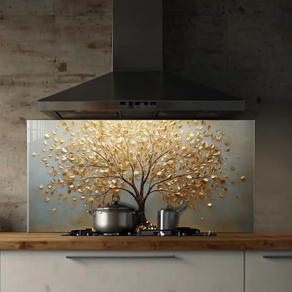 Roggmard Kitchen Backsplash, Stove Back Top Cover, Tree of Life Tempered Glass Splashback Tile, Kitchen Sink Cover Splash Guard, Home Kitchen Decor (17.7x12''-(45x30cm))