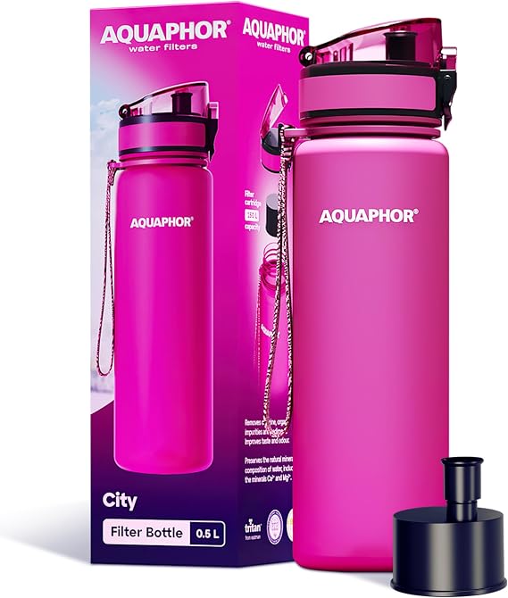 AQUAPHOR City Water Filter Bottle 17 oz | Reusable & Portable Filtered Water Bottle | BPA-Free | Perfect for Camping, Travel, Indoor & Outdoor Use | Pink