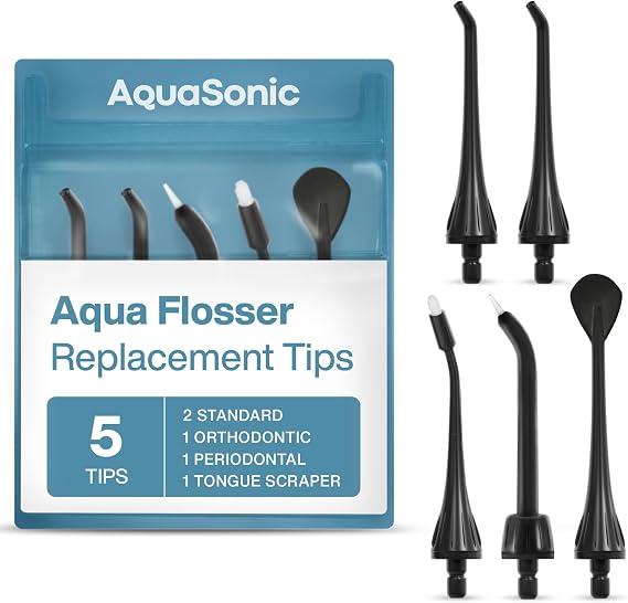 AquaSonic Genuine Aqua Flosser Replacement Tips - 5 Tips, 4 Types: Standard, Periodontal, Orthodontic & Tongue Scraper - Authentic Parts (Black)
