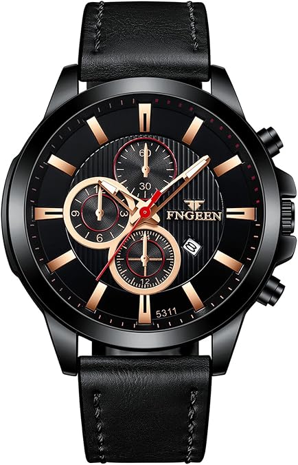 JewelryWe Mens Watch Round Analog Quartz Sub-dial Calendar Watch Black Leather Strap Casual Wristwatch for Father's Day