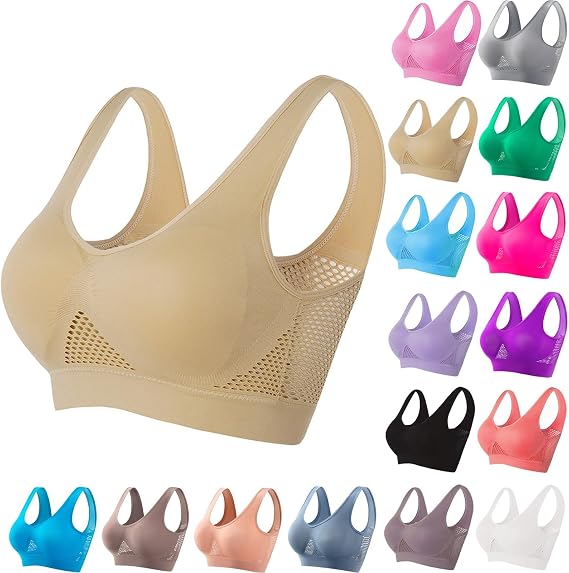 Breathable Anti-Sagging Sports Bra for Women Plus Size Wireless Bras with Cooling Lift-Up Air Tech Mesh High Support