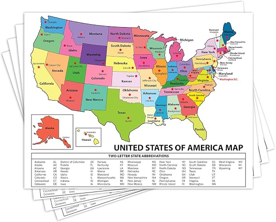 United States Map - USA Poster, US Educational Map - With State Capital - for Ages Kids to Adults- Home School Office - Printed on 12pt. Glossy Card Stock | Bulk Pack of 10 | 8.5 x 11 Inches