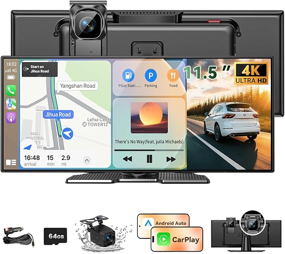 2026 Largest 11.5 inch Portable CarPlay Screen for Car with 4K Dash Cam