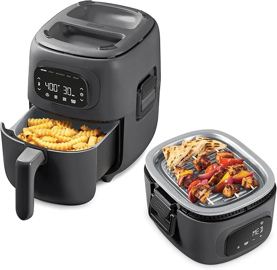 Dash Flip & FryTM Digital 2-in-1 Grill & Air Fryer - Has AirCrisp Technology - Digital Touchscreen, Ceramic Nonstick Grill Plate & Special Dehydrate Function - 3 Quarts - Forged Iron