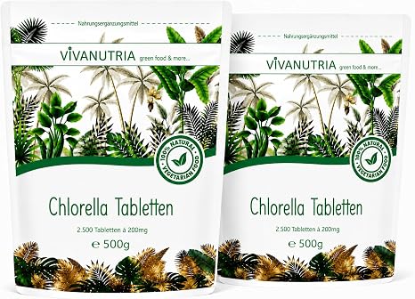 VivaNutria Chlorella Tablets 1000 g 5000 Pellets 100% Pure Algae Tablets without Additives 6 Month Pack High Dose Zip Bag Vegan