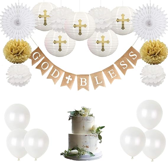 CHRORINE First Communion Banner Kit, Baptism Decorations for Boys Girls, First Communion Confirmation Decorations,God Bless Banner and White Decorations - White Set