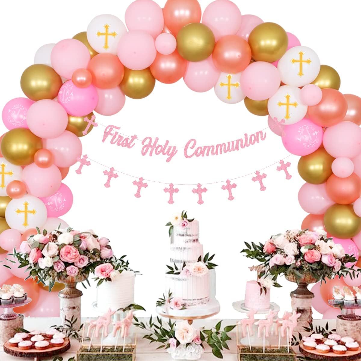 First Communion Party Decorations for Girls , Baptism Party Decorations Pink Balloon Garland Kit with Banner Cross Balloons for First Holy Communion Party Supplies