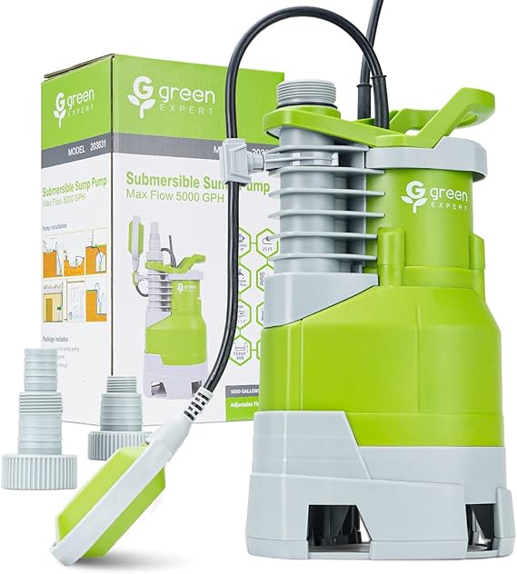 Green Expert 1.5HP Submersible Sump Pump High Flow 5000GPH 25ft Power Cord Manual Automatic On/Off for Water Removal from Basement Sump Pit Pools Hot Tub Spas Garden Pond