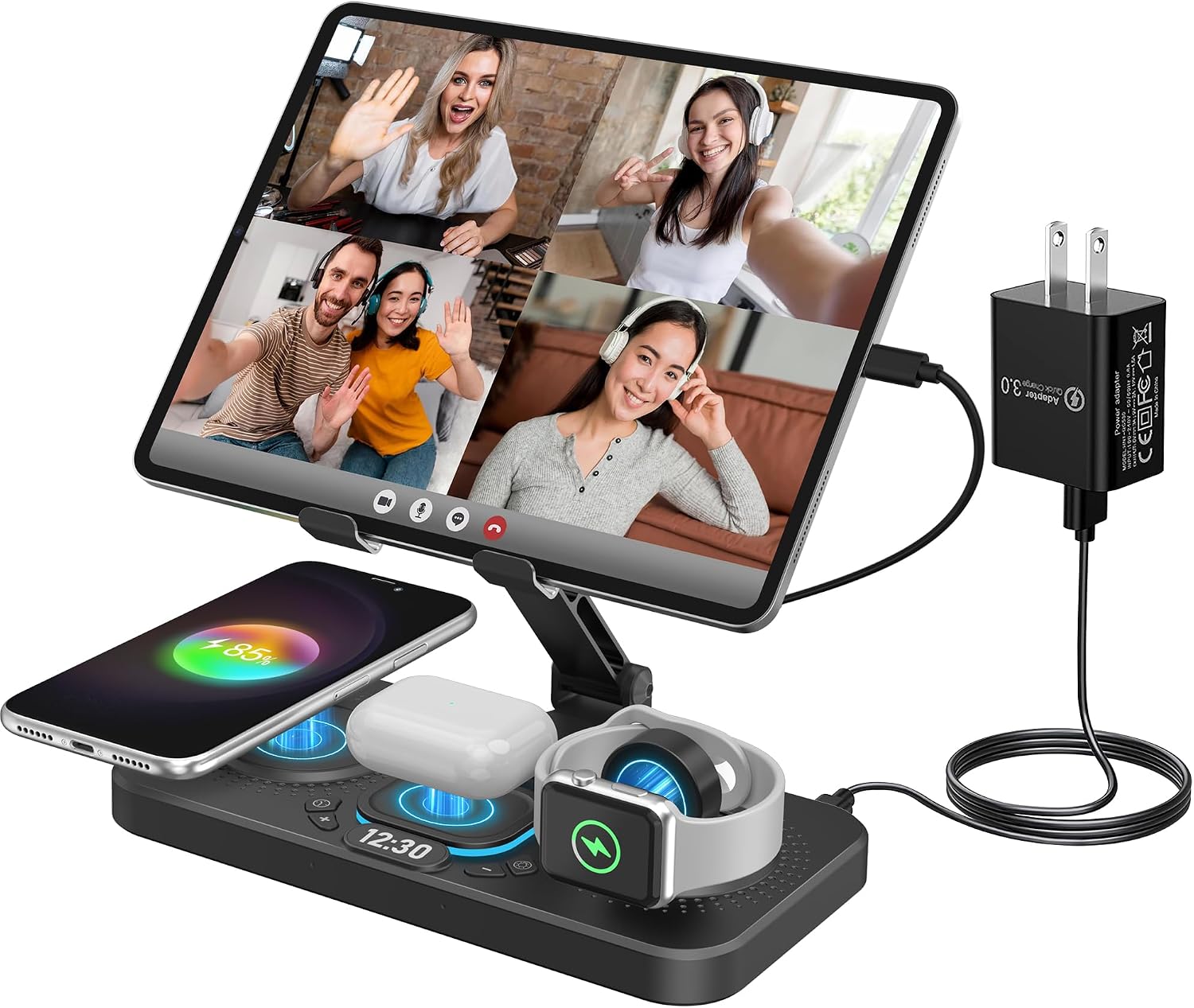6 in 1 Wireless Charging Station for Apple, 30W Fast Qi-Certified Charger for Multiple Devices for iPhone Apple Watch AirPods Charger, iPad Stand Google Samsung Pixel Charging Stand Dock
