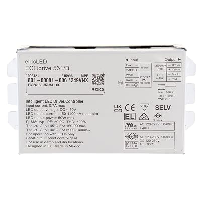 ECOdrive 561B 1400MA Log, EC0561B, 50W, 0-10V, 1 Control Channel, Constant Current, 1x 55V Output, Bottom Feed, Square MetalPlastic,240J03