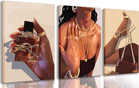 3Pcs Black Girl Wall Art Black Woman Wall Decor Bedroom Framed | African American Woman Canvas Picture Fashion Girl Abstract Posters Prints Boho Black Female Paintings for LivingRoom Bedroom
