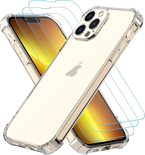 Totill 4 in 1 Case for iPhone 13 pro max with [3 Pack] Tempered Glass Screen Protectors, Crystal Clear Phone Cover, Scratchproof and Shockproof, Transparent Basic Case, 360° full protection