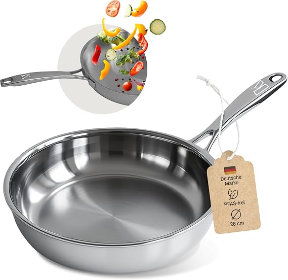 Kayzar Professional Stainless Steel Frying Pan 28 cm - Frying Pan Uncoated & PFOA-Free Premium 3-Layer Base (3.5 mm) for Even Heat Distribution & Natural Non-Stick Effect Induction