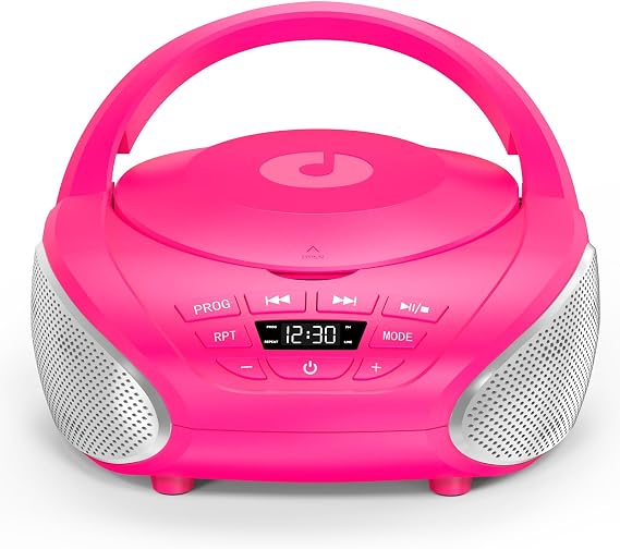 Gueray Portable CD Player Boombox Compact CD Boombox with Stereo Speakers FM Radio 3.5mm AUX Input and Headphone Jack LCD Display for Indoors, Outdoors, Travel & Audiobooks(Pink+Silver)