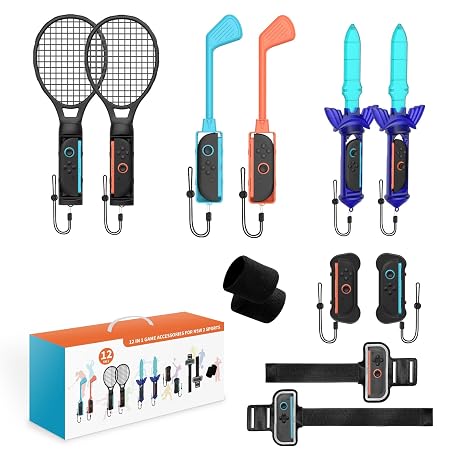 EJGAEM Switch 2 Sports Accessories Bundle ,12 in 1 Accessories Kit Compatible with Nintendo Switch 2 (2025),Family Accessories Kit for Switch 2 Sports Games with Tennis Rackets,Golf Clubs,Chambara Swords,Leg Straps & Joycon Grips