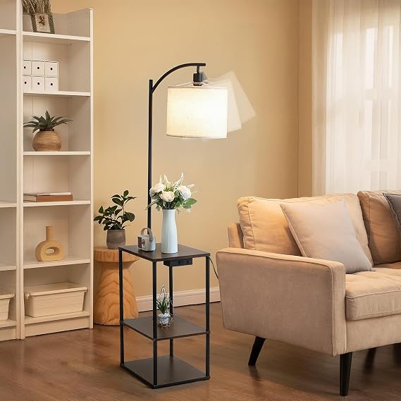 Floor Lamp with Remote, Adjustable 3000K-6000K Colors & Brightness Bulb, End Table with Charging Station(USB & Type-C & AC Port), Modern Shelves Side Table for Bedroom, Living Room, Office [Energy Class A]
