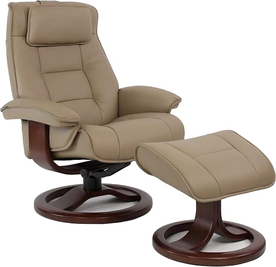 Fjords Mustang Large Leather Recliner Chair and Ottoman Norwegian Ergonomic Furniture Nordic Line Genuine Stone Leather Walnut Wood