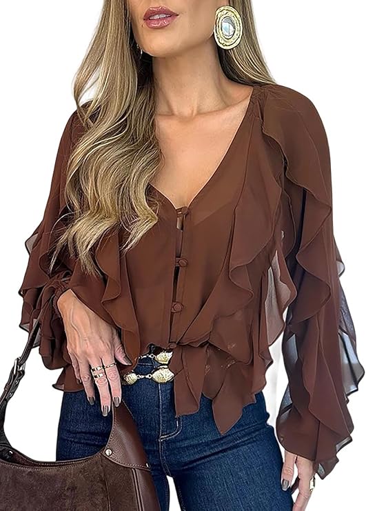 CHICME Women's V Neck Ruffle Blouses Button Down Semi-Sheer Dressy Casual Top Fashion Long Sleeve Fall Chiffon Shirt