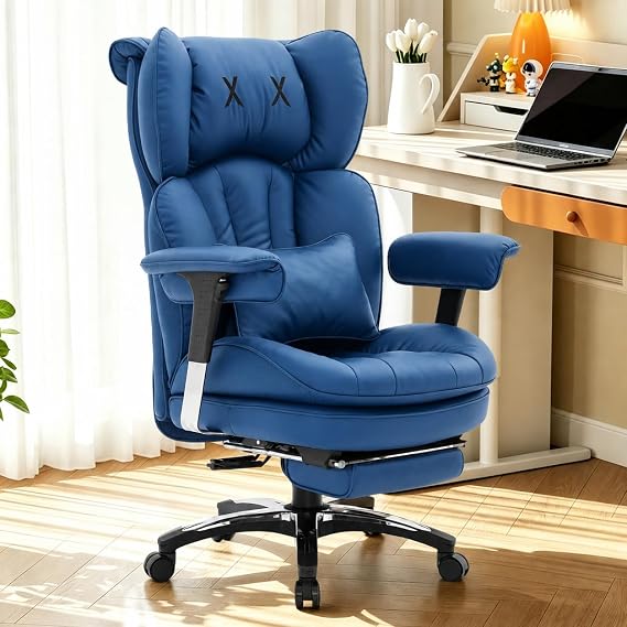 Efomao Desk Office Chair, Heavy Duty 200kg Big and Tall Executive Computer Chair, Unique XX Embroidery Ergonomic High Back PU Leather Chair with Retractable Footrest, Blue
