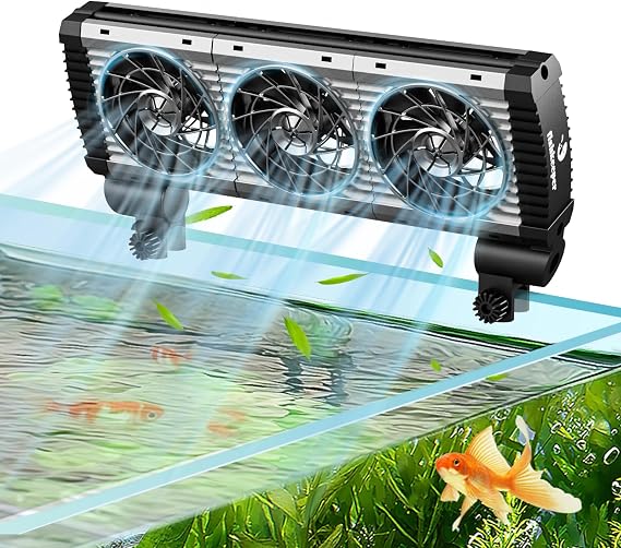 fishkeeper Aquarium Chiller Fan - 3600 r/m Powerful Wind Quiet Fish Tank Cooling Fan, 5 Speeds, 3 Timer Modes, 180 Wide Angle Adjustable Aquarium Cooler Chiller with Smart Controller (12W, 3 Heads)