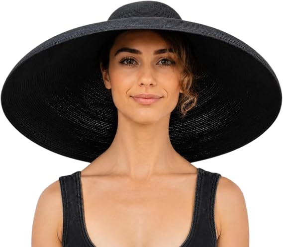 Women's Adjustable Black Wide Brim Straw Hat