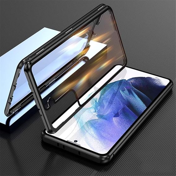 Lockable Galaxy S22 Ultra 5G 6.8 inch Case Double-Sided Tempered Glass Magnetic adsorption + Safety Lock 360 Full Body Shockproof Aluminum Bumper Clear Glass Cover (Black)