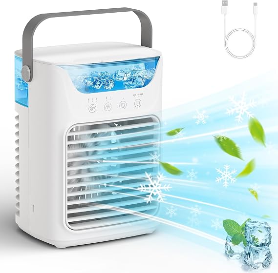 Air Cooler, Evaporative Misting Fan with 2-6H Timer 650ML Water Tank Portable Air Conditioner 3 Wind Speeds & 2 Mist Modes Personal Mini Conditioner with Rainbow Light for Home Office Outdoor [Energy Class A+]