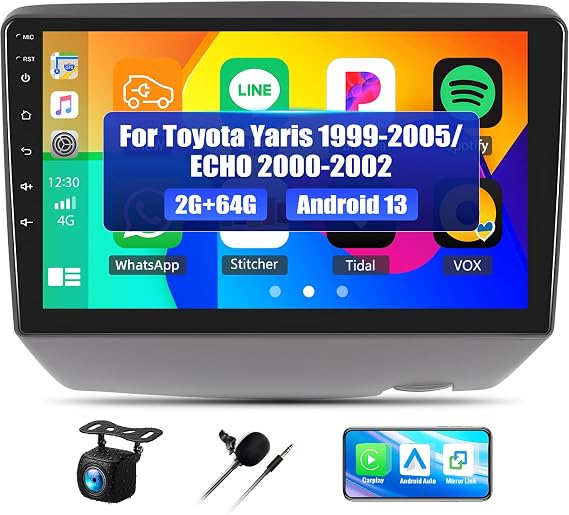 SIXWIN 2G+64G Android 13 Car Stereo for Toyota Yaris 1999-2005/ECHO 2000-2002 with Wireless CarPlay Android Auto Mirror Link 9 Inch Touchscreen Bluetooth GPS Navigation WiFi FM Backup Camera MIC