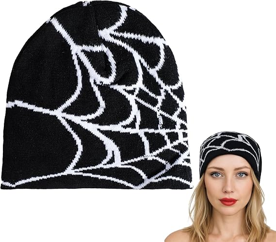 Yolev Y2K Spider Web Beanie Gothic Black Beanie Winter Warm Beanies Men Spider Pattern Beanies Hats Men for Women Man Casual Skullies Outdoor