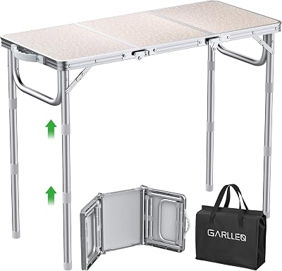 GARLLEN Folding Camping Table, 3-Height Adjustable Portable Folding Camping Table with Storage Bag, Lightweight Picnic Aluminum Table for Camping, BBQ, Outdoor, 34.2 L x 15.7 W, Silver