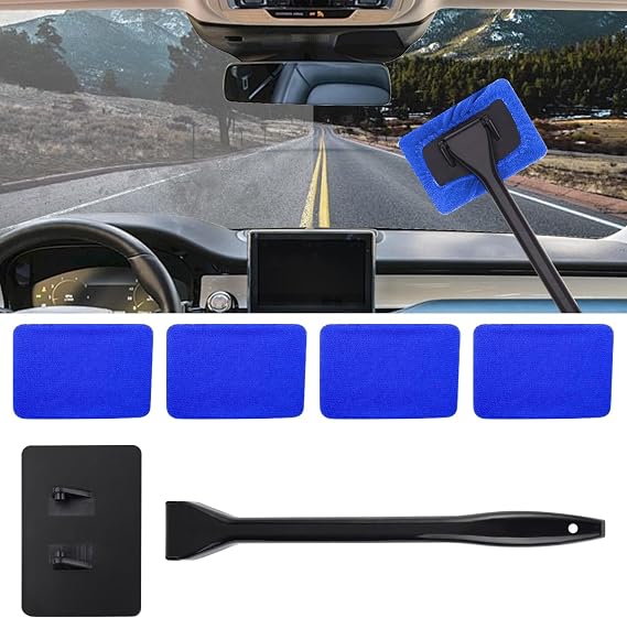 Car Window Cleaner, Car Windshield Cleaner Tool, Windshield Cleaner Inside with Extendable Handle and 4PCS Washable Reusable Cloth Pad, Car Tools Universal Auto Wiper Cleaning