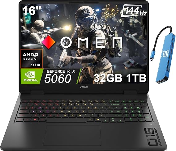 HP OMEN 16 16" Slim Gaming Laptop, NVIDIA RTX 5060 8GB, AMD Ryzen 9 8940HX | FHD+ 144Hz, 32GB DDR5 RAM, 1TB SSD,gt; Intel Ultra 7 255H, 4-Zone RGB Backlit KB, IR Webcam, Wi-Fi, IST Dock, Win 11H