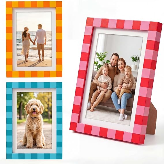 Vicenpal 3 Pack 4x6 Inch Checkered Picture Frames Wooden Photo Frame Set Colorful Retro Tabletop Wall Hanging Display Orange Pink Blue for Family Photos Desk Shelf Dorm Room Home Decor Gift