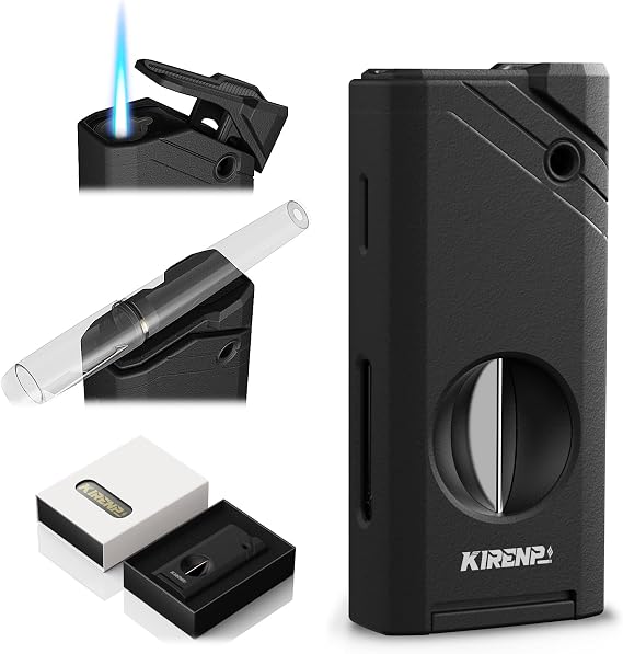 All-in-one Torch Lighter, with Portable Design, V Shape Shear, Holder, Adjustable Flame, Multi-Functional Lighter Accessories, Refillable Butane Lighter, Candles, Gift for Men, Outdoors (Without Gas)