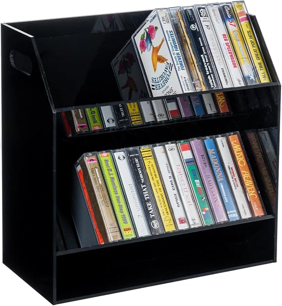 MyGift 2 Tier Modern Premium Black Acrylic Compact Cassettes Holder with Cutout Carrying Handles, Retro Audio Cassette Deck Tapes Storage Display Rack Stand