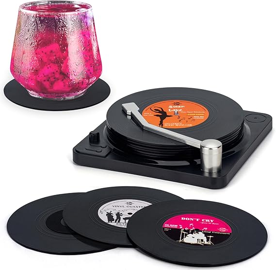 Retro Vinyl Record Coasters with Player, Set of 6 Music Coasters for Drinks
