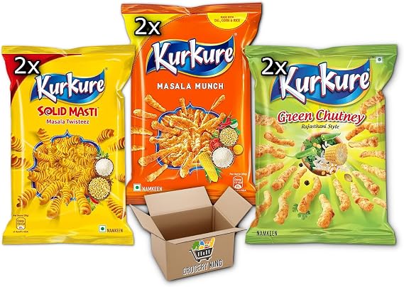 Kurkure Variety Pack: Masala Munch 2x70g, Green Rajasthani Chutney 2x70g & Solid Masti 2x61g (6PCS) Grocery King